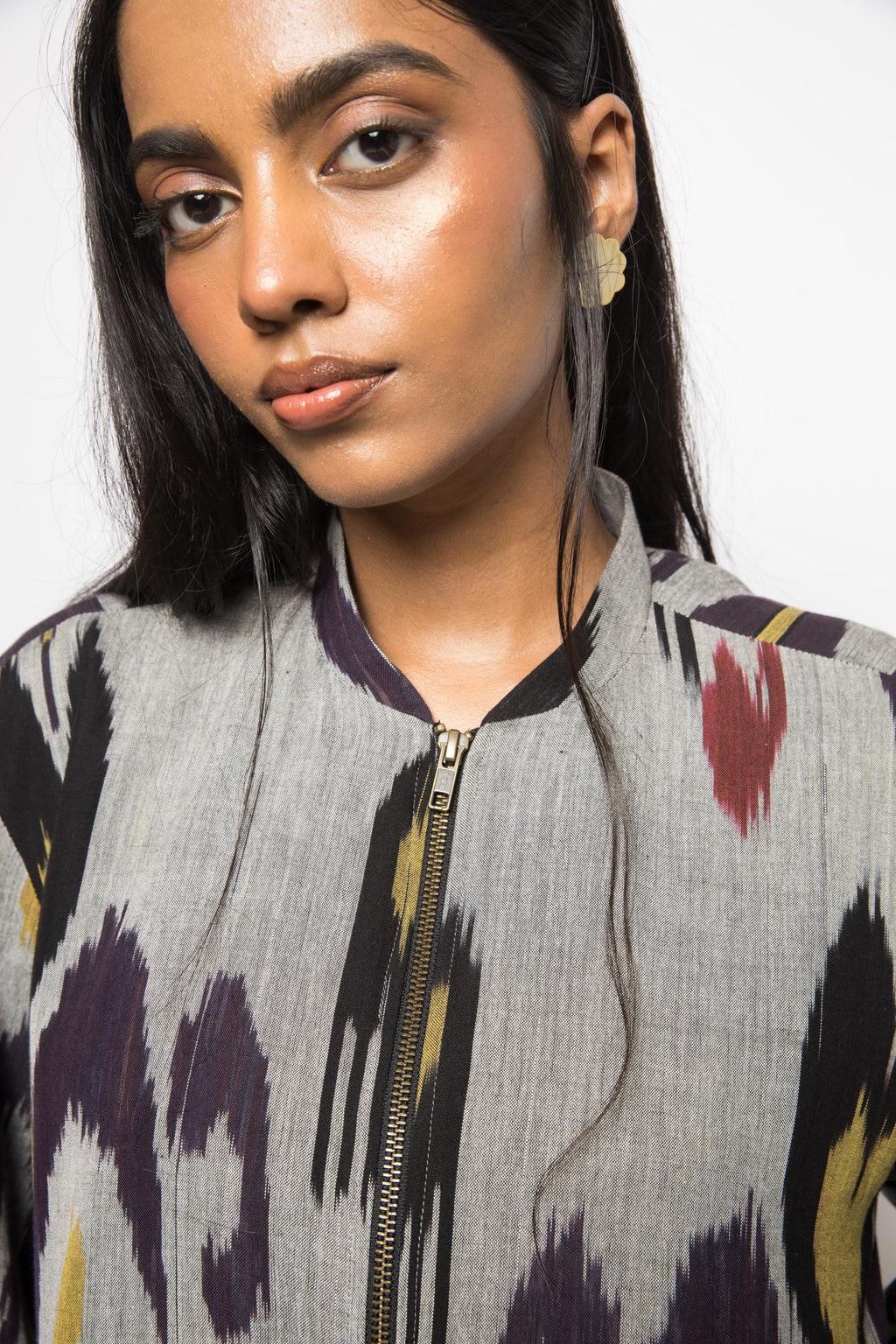 Laid-Back Bomber at kamakhyaa.com by Anushé Pirani. This item is 100% Cotton, Beach Wear, Casual Wear, Console Collection List, Cotton, Fresh Ink by Anushe Pirani, Grey, Handwoven cotton, Ikat Prints, Regular Fit, Vacation Wear, Womenswear