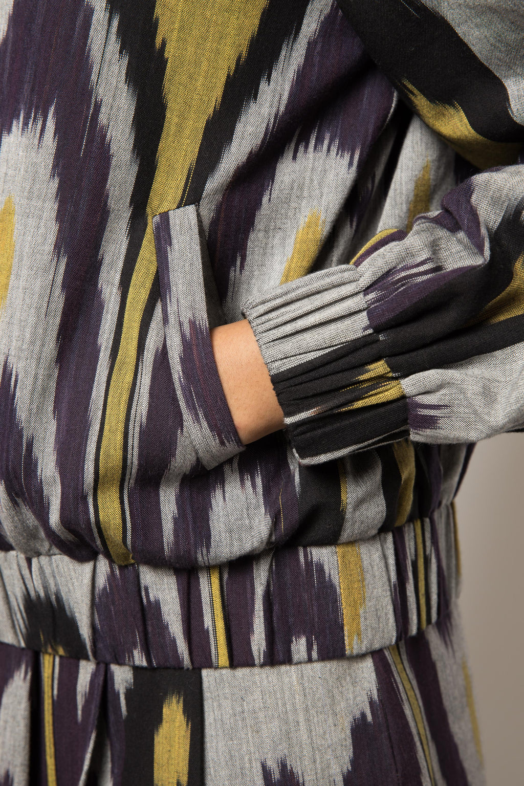 Laid-Back Bomber at kamakhyaa.com by Anushé Pirani. This item is 100% Cotton, Beach Wear, Casual Wear, Console Collection List, Cotton, Fresh Ink by Anushe Pirani, Grey, Handwoven cotton, Ikat Prints, Regular Fit, Vacation Wear, Womenswear