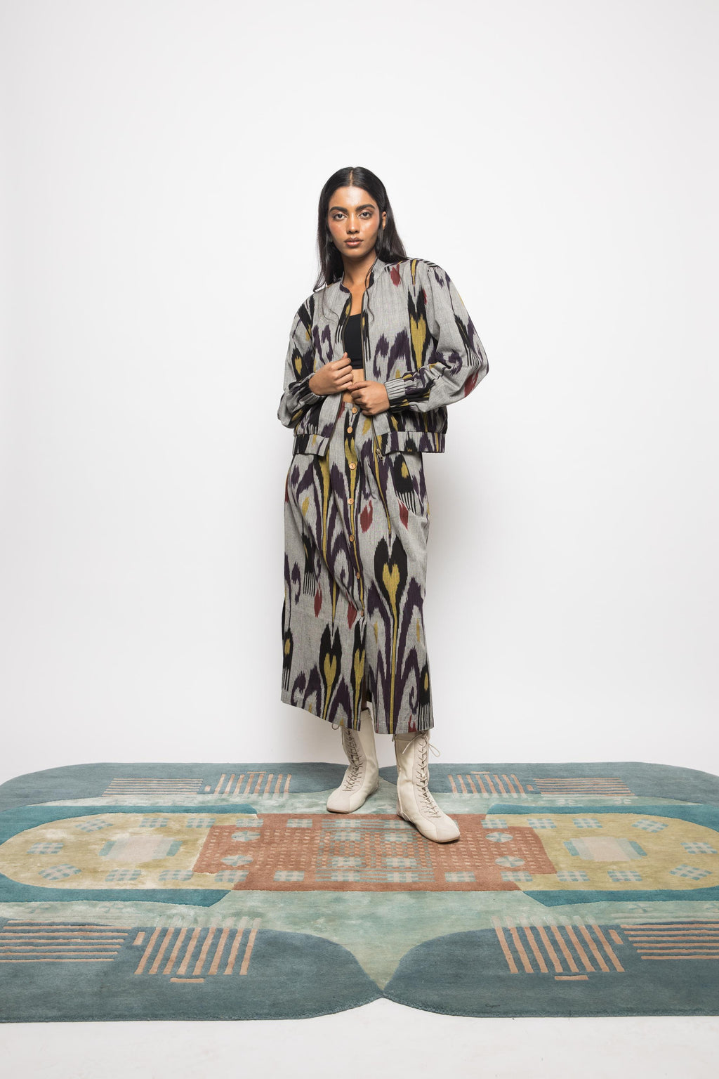Laid-Back Bomber at kamakhyaa.com by Anushé Pirani. This item is 100% Cotton, Beach Wear, Casual Wear, Console Collection List, Cotton, Fresh Ink by Anushe Pirani, Grey, Handwoven cotton, Ikat Prints, Regular Fit, Vacation Wear, Womenswear