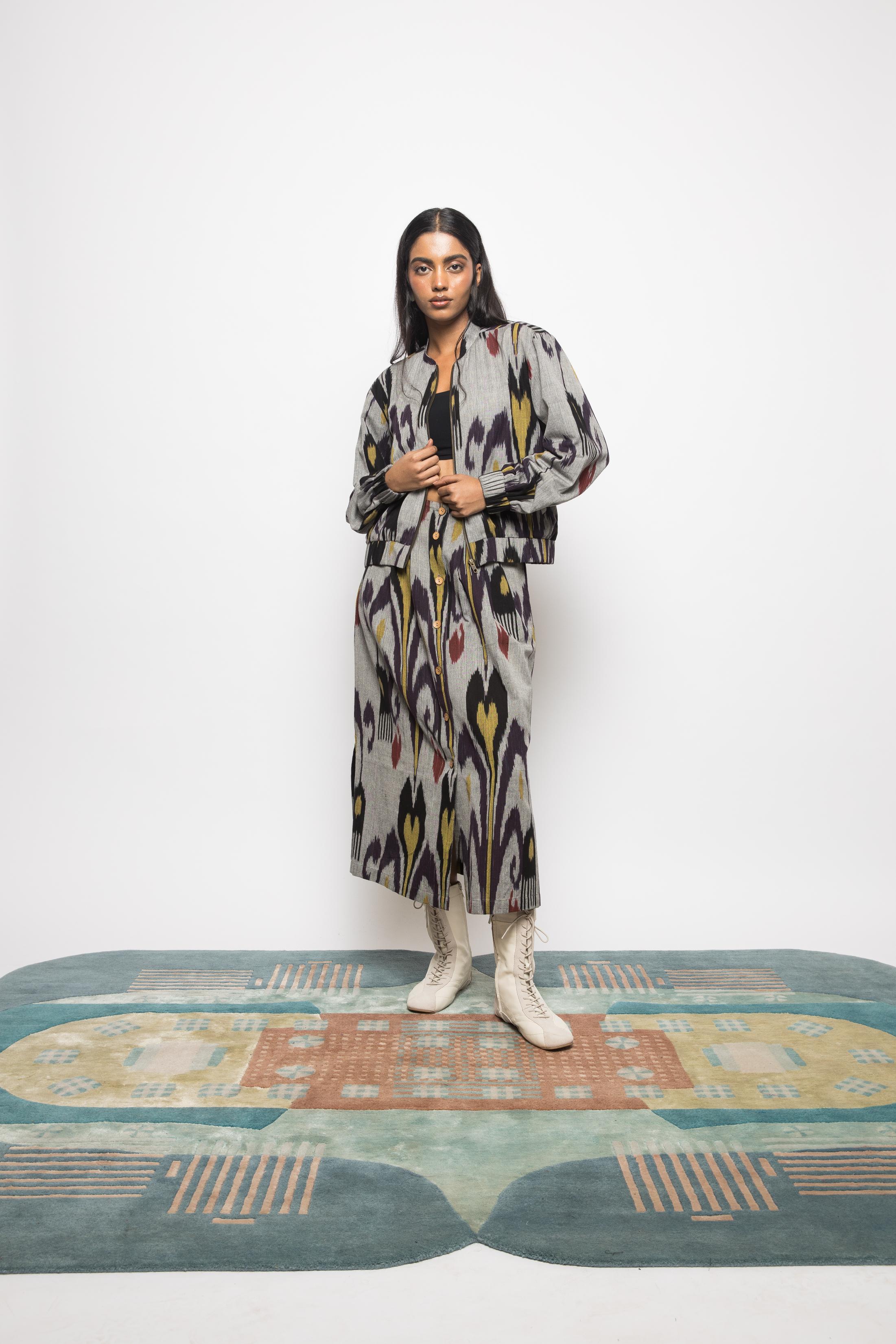 Laid-Back Bomber at kamakhyaa.com by Anushé Pirani. This item is 100% Cotton, Beach Wear, Casual Wear, Console Collection List, Cotton, Fresh Ink by Anushe Pirani, Grey, Handwoven cotton, Ikat Prints, Regular Fit, Vacation Wear, Womenswear