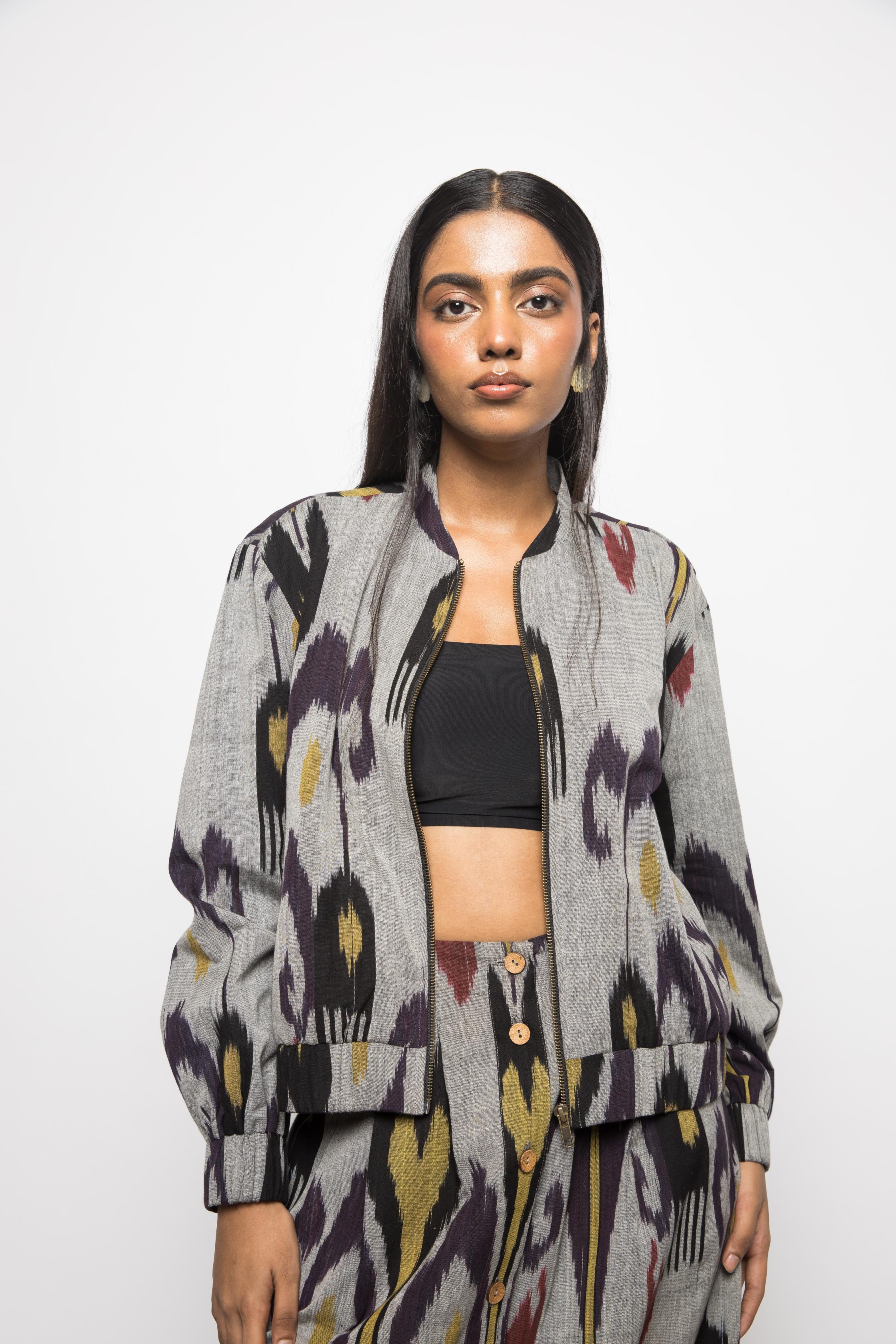 Laid-Back Bomber at kamakhyaa.com by Anushé Pirani. This item is 100% Cotton, Beach Wear, Casual Wear, Console Collection List, Cotton, Fresh Ink by Anushe Pirani, Grey, Handwoven cotton, Ikat Prints, Regular Fit, Vacation Wear, Womenswear