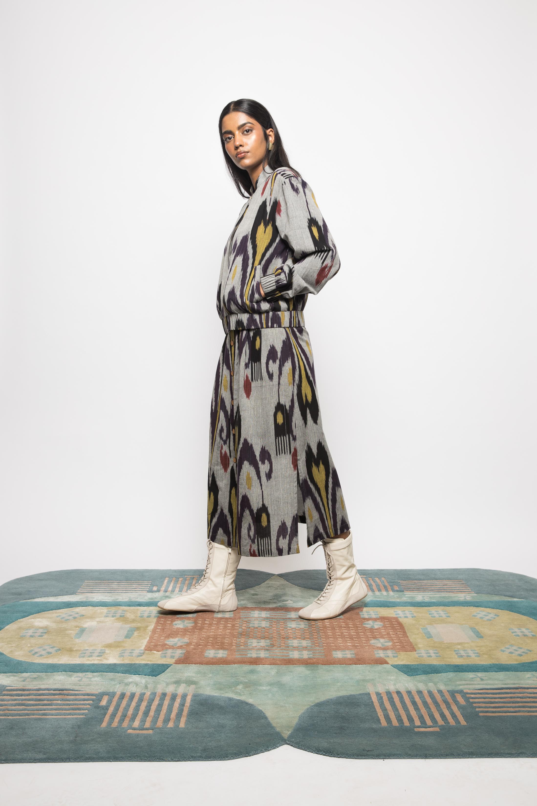 Laid-Back Bomber at kamakhyaa.com by Anushé Pirani. This item is 100% Cotton, Beach Wear, Casual Wear, Console Collection List, Cotton, Fresh Ink by Anushe Pirani, Grey, Handwoven cotton, Ikat Prints, Regular Fit, Vacation Wear, Womenswear