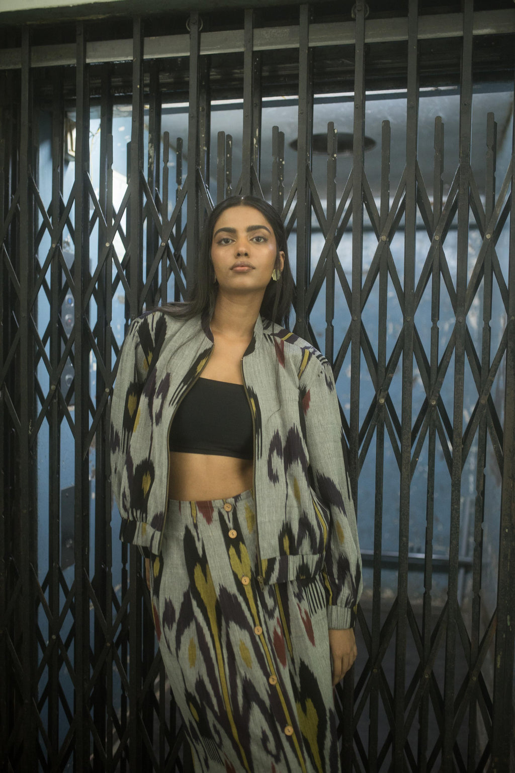 Laid-Back Bomber at kamakhyaa.com by Anushé Pirani. This item is 100% Cotton, Beach Wear, Casual Wear, Console Collection List, Cotton, Fresh Ink by Anushe Pirani, Grey, Handwoven cotton, Ikat Prints, Regular Fit, Vacation Wear, Womenswear