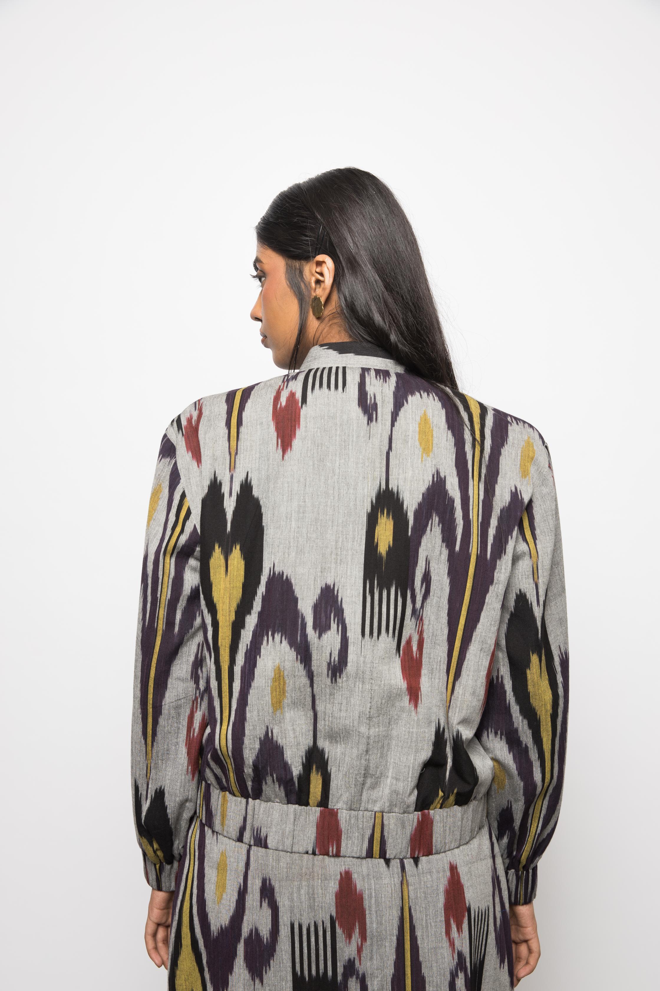 Laid-Back Bomber at kamakhyaa.com by Anushé Pirani. This item is 100% Cotton, Beach Wear, Casual Wear, Console Collection List, Cotton, Fresh Ink by Anushe Pirani, Grey, Handwoven cotton, Ikat Prints, Regular Fit, Vacation Wear, Womenswear