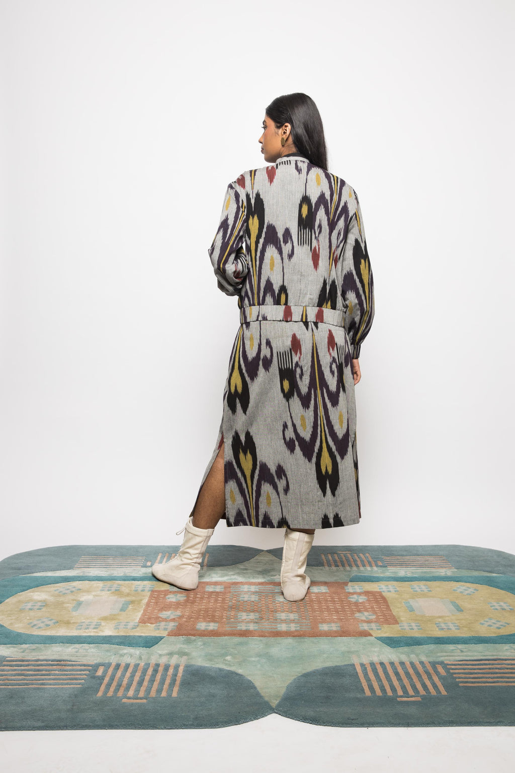 Laid-Back Bomber at kamakhyaa.com by Anushé Pirani. This item is 100% Cotton, Beach Wear, Casual Wear, Console Collection List, Cotton, Fresh Ink by Anushe Pirani, Grey, Handwoven cotton, Ikat Prints, Regular Fit, Vacation Wear, Womenswear