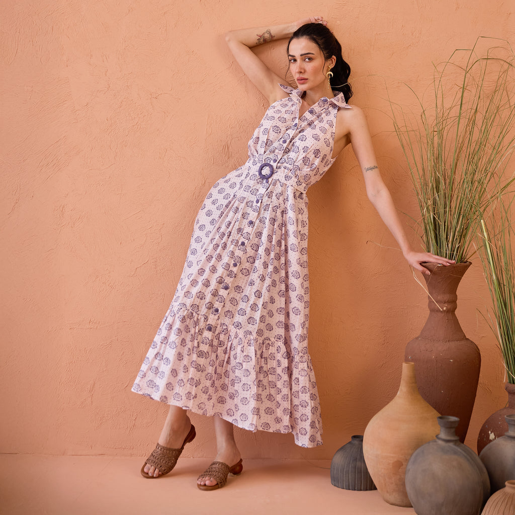 Lavender Fern at Kamakhyaa by Taro. This item is Artisan made, Dresses, Handblock Printed, Handwoven Chanderi Silk, Indie Bloom by Taro, Lavender, Relaxed Fit, Shirt Dresses, Under $50