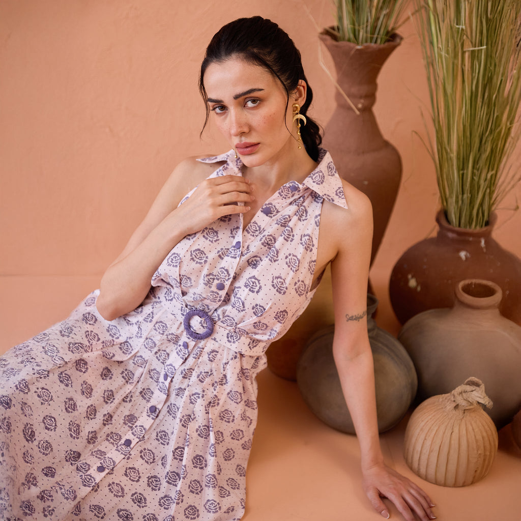 Lavender Fern at Kamakhyaa by Taro. This item is Artisan made, Dresses, Handblock Printed, Handwoven Chanderi Silk, Indie Bloom by Taro, Lavender, Relaxed Fit, Shirt Dresses, Under $50