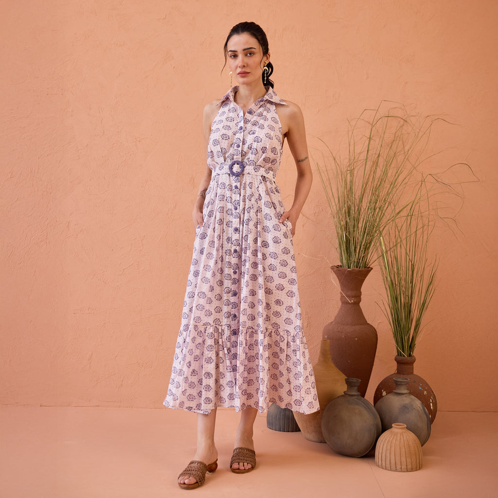 Lavender Fern at Kamakhyaa by Taro. This item is Artisan made, Dresses, Handblock Printed, Handwoven Chanderi Silk, Indie Bloom by Taro, Lavender, Relaxed Fit, Shirt Dresses, Under $50
