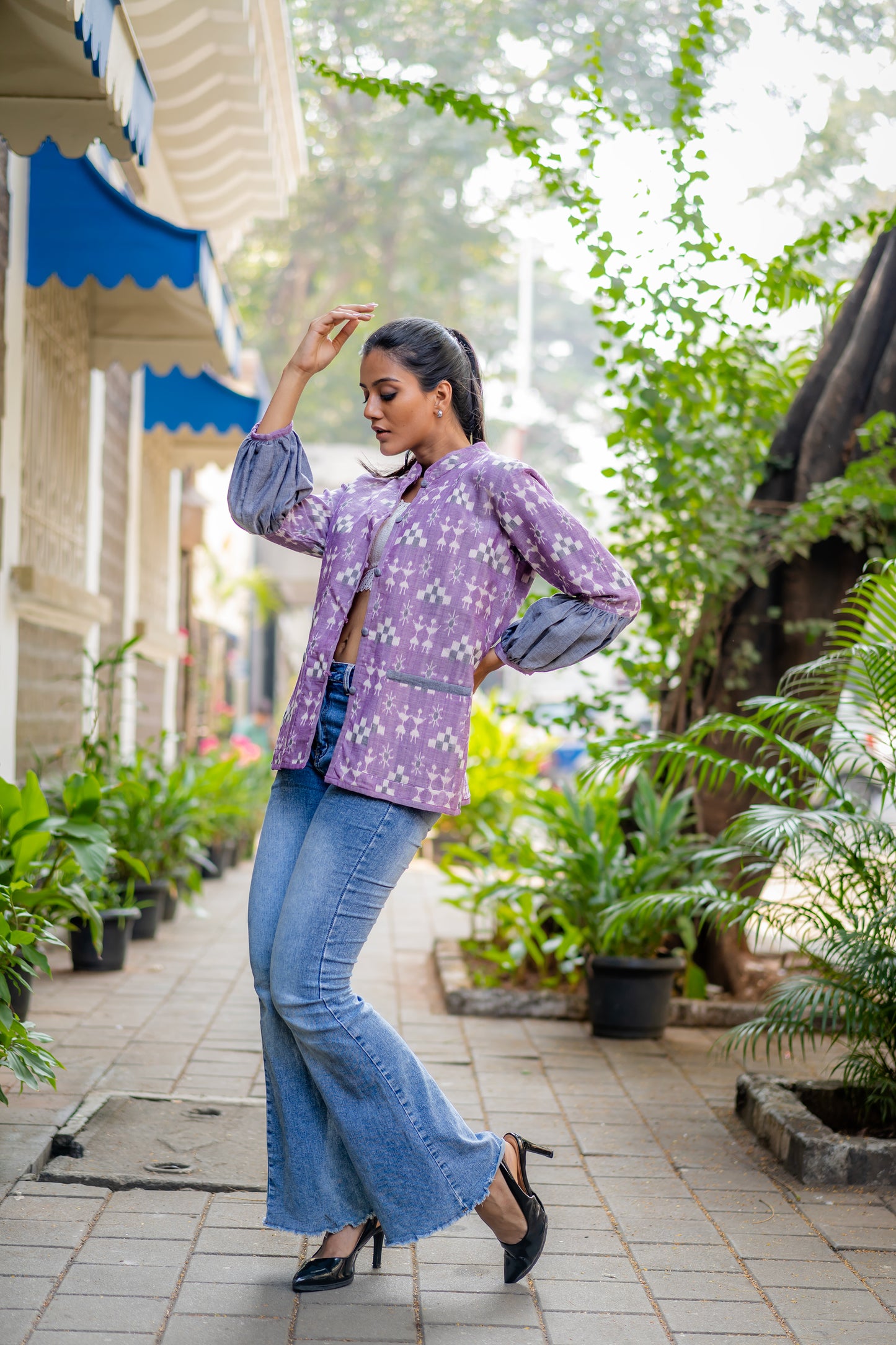 Lavender Regular Fit Jacket with Juliet Sleeves at Kamakhyaa by Krushnachuda. This item is Handloom Cotton, Ikat Print, Jackets, Natural Dye, Organic, Purple, Regular Fit, Work Wear