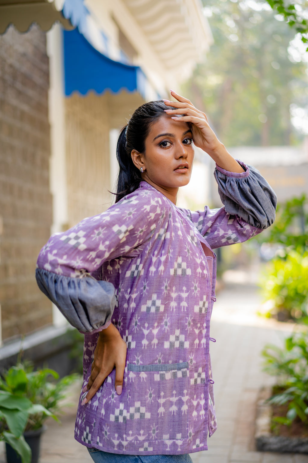 Lavender Regular Fit Jacket with Juliet Sleeves at Kamakhyaa by Krushnachuda. This item is Handloom Cotton, Ikat Print, Jackets, Natural Dye, Organic, Purple, Regular Fit, Work Wear