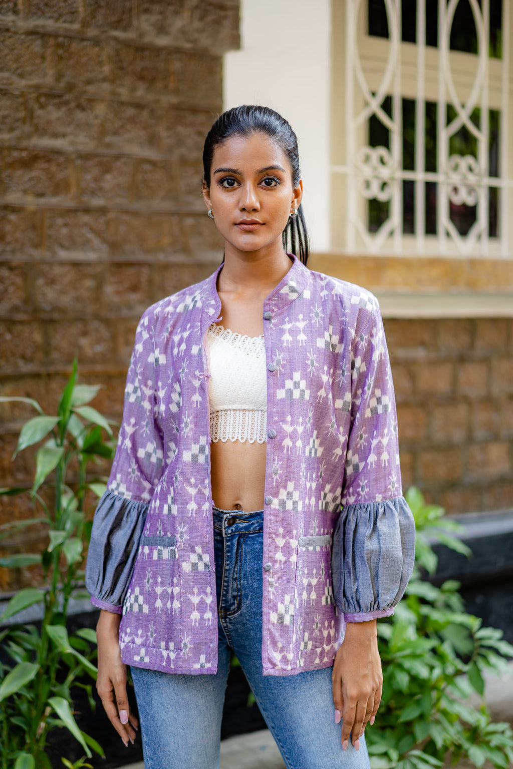 Lavender Regular Fit Jacket with Juliet Sleeves at Kamakhyaa by Krushnachuda. This item is Handloom Cotton, Ikat Print, Jackets, Natural Dye, Organic, Purple, Regular Fit, Work Wear