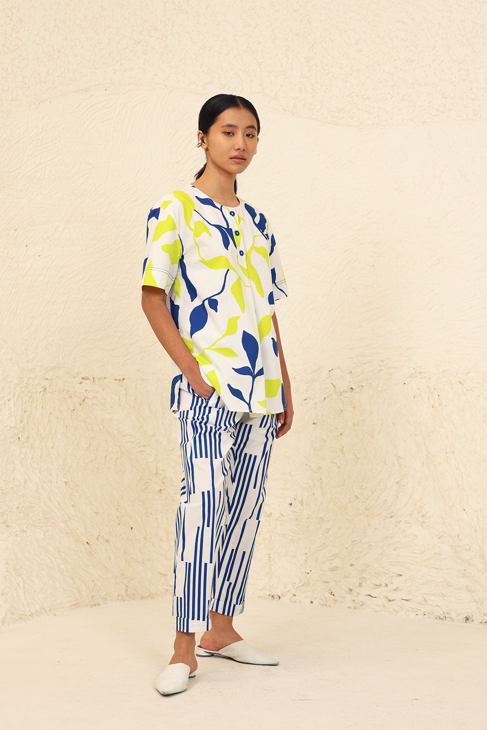 Leaf Print Cotton Co-ord Set at Kamakhyaa by Kanelle. This item is Blue, Cotton Poplin, Evening Wear, Leafy Pattern, Lime, Made from Natural Materials, Multicolor, One by One by Kanelle, Regular Fit, Vacation Co-ords