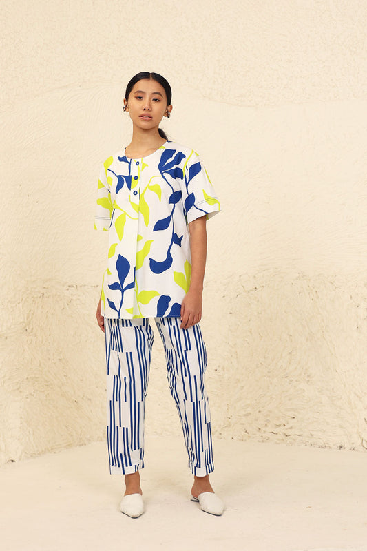 Leaf Print Cotton Co-ord Set at Kamakhyaa by Kanelle. This item is Blue, Cotton Poplin, Evening Wear, Leafy Pattern, Lime, Made from Natural Materials, Multicolor, One by One by Kanelle, Regular Fit, Vacation Co-ords
