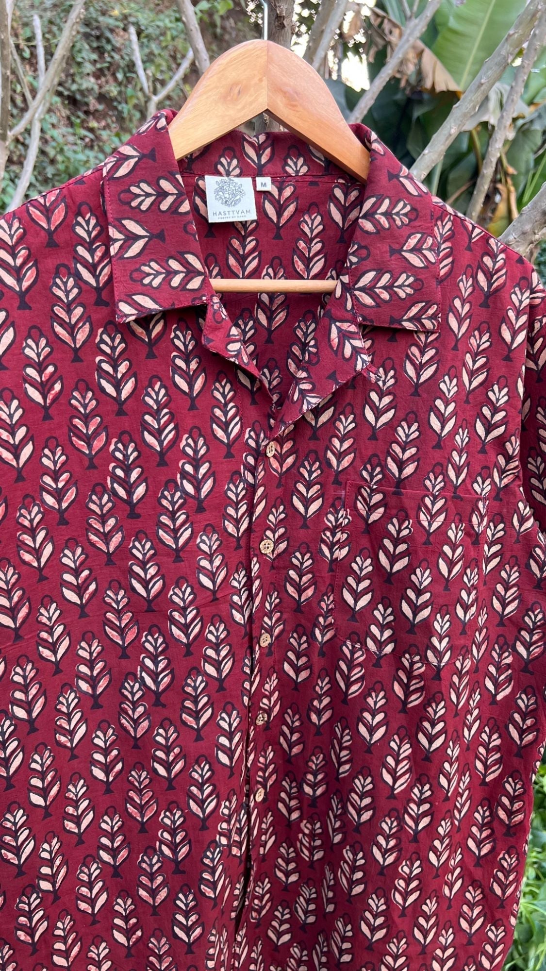 Leafy Print Red Shirt for Men at Kamakhyaa by Hasttvam. This item is Casual Wear, Cotton, Floral, Fusion Wear, Natural dyes, Red, Relaxed Fit, Respondible production and Vegan