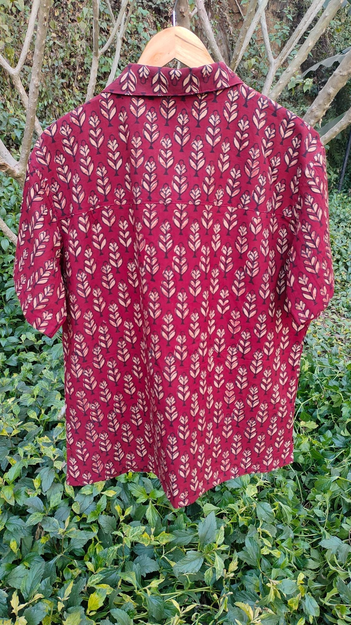 Leafy Print Red Shirt for Men at Kamakhyaa by Hasttvam. This item is Casual Wear, Cotton, Floral, Fusion Wear, Natural dyes, Red, Relaxed Fit, Respondible production and Vegan