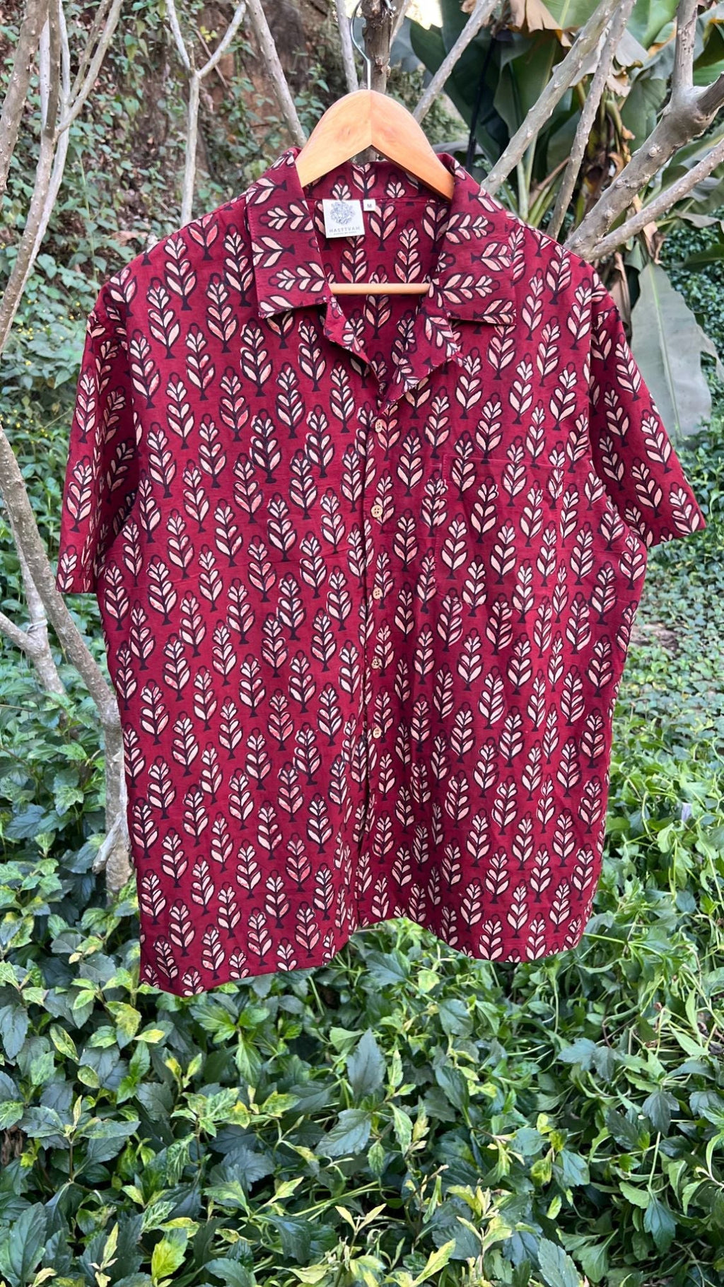 Leafy Print Red Shirt for Men at Kamakhyaa by Hasttvam. This item is Casual Wear, Cotton, Floral, Fusion Wear, Natural dyes, Red, Relaxed Fit, Respondible production and Vegan