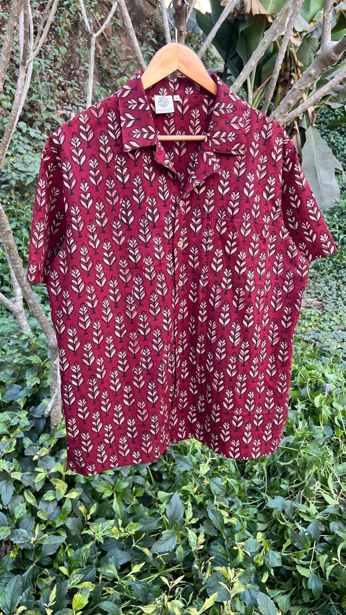 Leafy Print Red Shirt for Men at Kamakhyaa by Hasttvam. This item is Casual Wear, Cotton, Floral, Fusion Wear, Natural dyes, Red, Relaxed Fit, Respondible production and Vegan