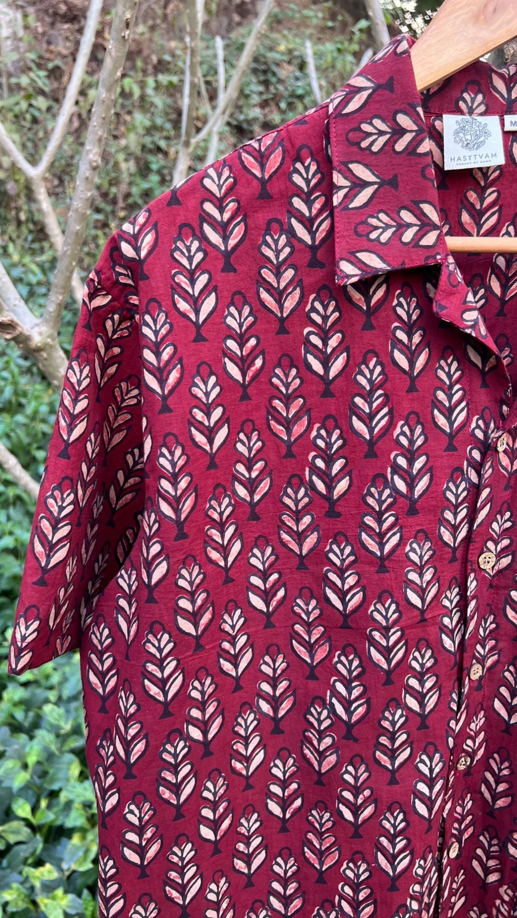 Leafy Print Red Shirt for Men at Kamakhyaa by Hasttvam. This item is Casual Wear, Cotton, Floral, Fusion Wear, Natural dyes, Red, Relaxed Fit, Respondible production and Vegan