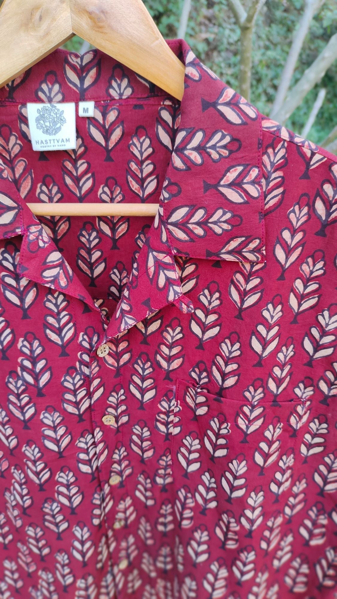 Leafy Print Red Shirt for Men at Kamakhyaa by Hasttvam. This item is Casual Wear, Cotton, Floral, Fusion Wear, Natural dyes, Red, Relaxed Fit, Respondible production and Vegan