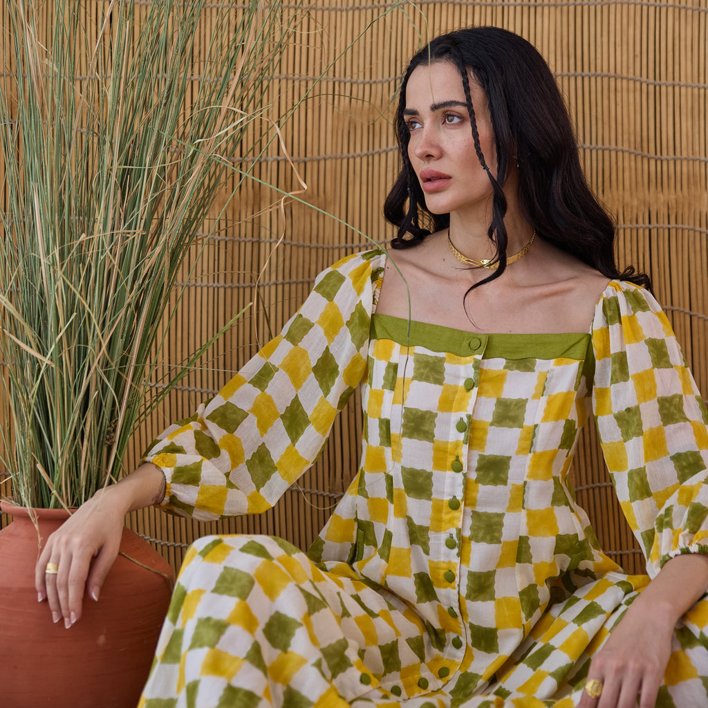 Lemon Zest at Kamakhyaa by Taro. This item is Artisan made, Cotton Mulmul, Handblock Printed, Shirt Dresses, Whispers of Summer by Taro, Yellow