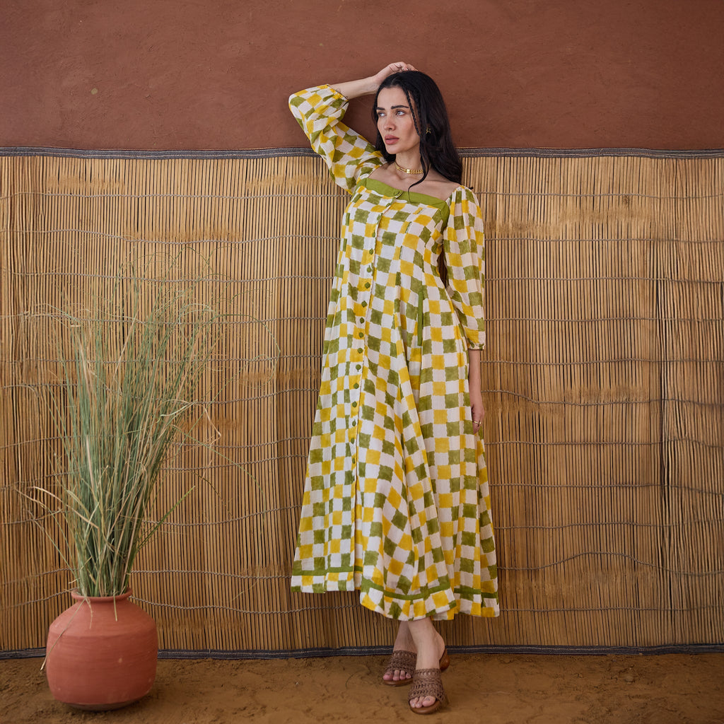 Lemon Zest at Kamakhyaa by Taro. This item is Artisan made, Cotton Mulmul, Handblock Printed, Shirt Dresses, Whispers of Summer by Taro, Yellow