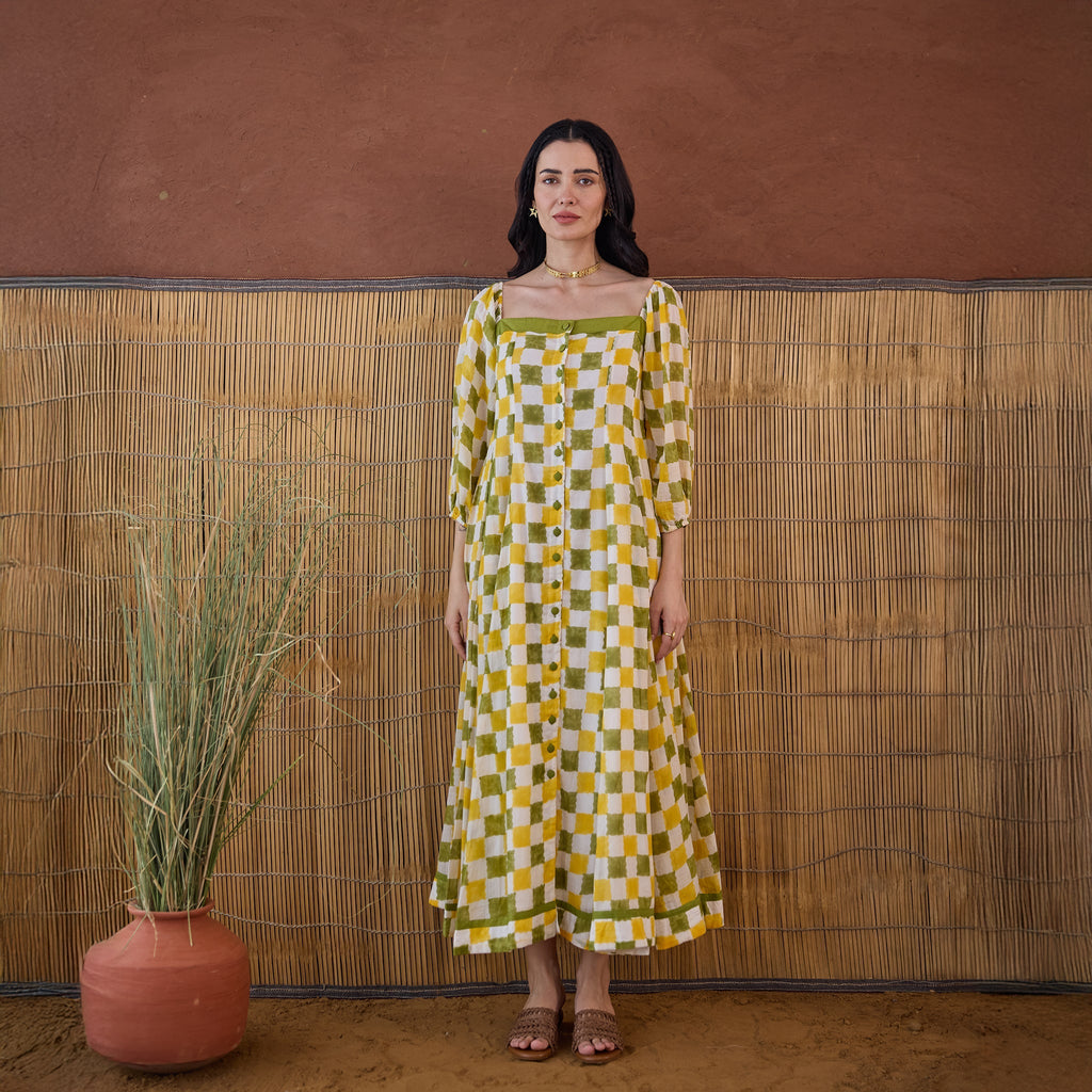 Lemon Zest at Kamakhyaa by Taro. This item is Artisan made, Cotton Mulmul, Handblock Printed, Shirt Dresses, Whispers of Summer by Taro, Yellow