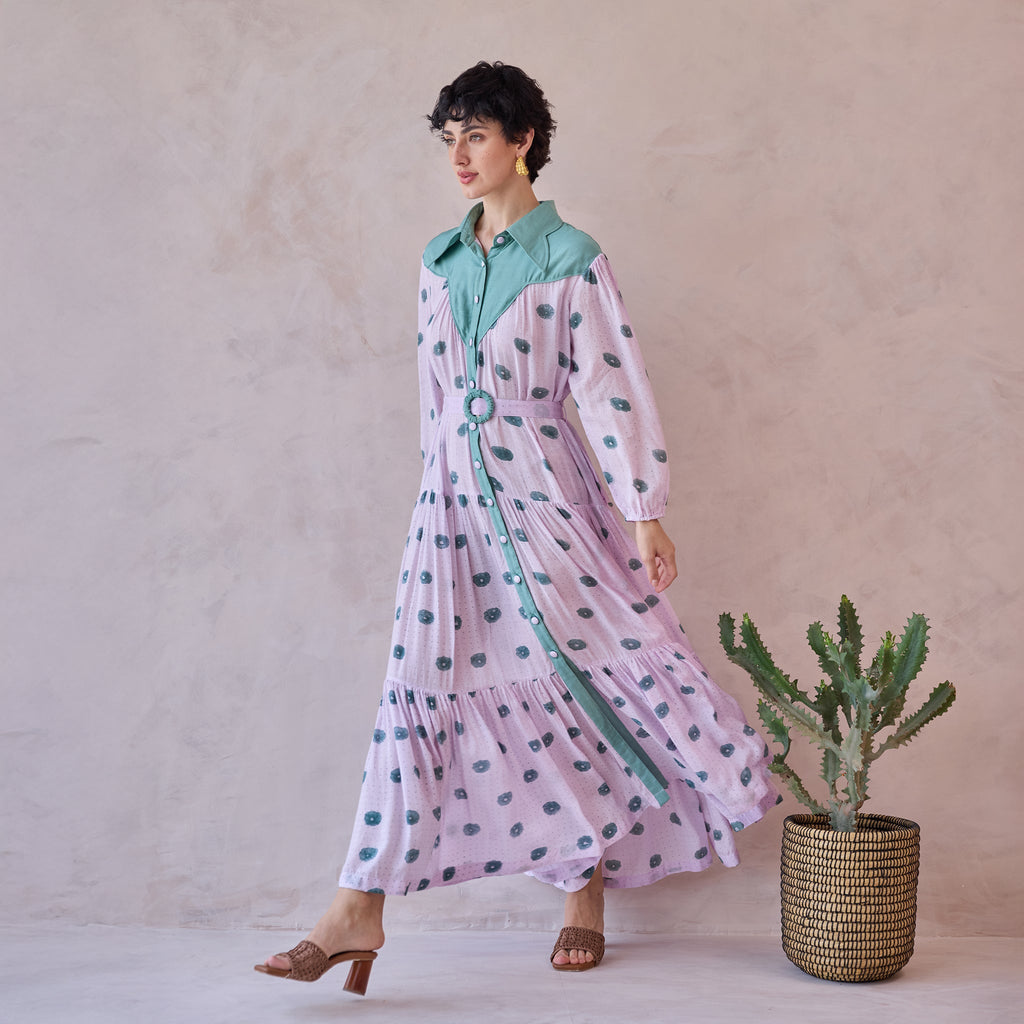 Lilac Dot Meadow at Kamakhyaa by Taro. This item is Artisan made, Dresses, Handblock Printed, Handwoven Chanderi Silk, Indie Bloom by Taro, Lilac, Relaxed Fit, Shirt Dresses, Under $50