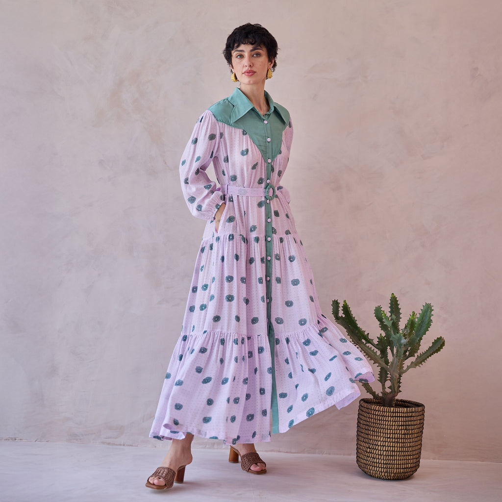 Lilac Dot Meadow at Kamakhyaa by Taro. This item is Artisan made, Dresses, Handblock Printed, Handwoven Chanderi Silk, Indie Bloom by Taro, Lilac, Relaxed Fit, Shirt Dresses, Under $50