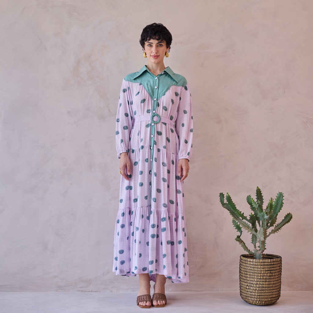 Lilac Dot Meadow at Kamakhyaa by Taro. This item is Artisan made, Dresses, Handblock Printed, Handwoven Chanderi Silk, Indie Bloom by Taro, Lilac, Relaxed Fit, Shirt Dresses, Under $50