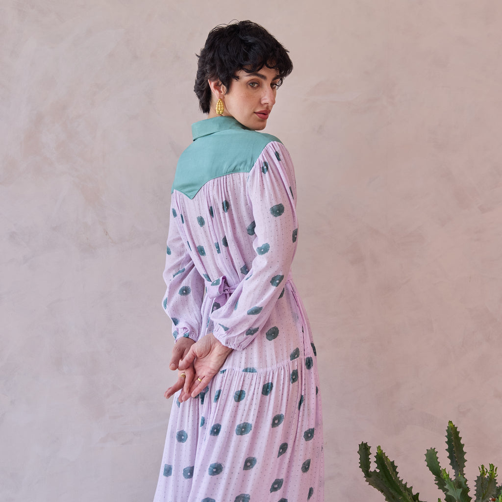 Lilac Dot Meadow at Kamakhyaa by Taro. This item is Artisan made, Dresses, Handblock Printed, Handwoven Chanderi Silk, Indie Bloom by Taro, Lilac, Relaxed Fit, Shirt Dresses, Under $50