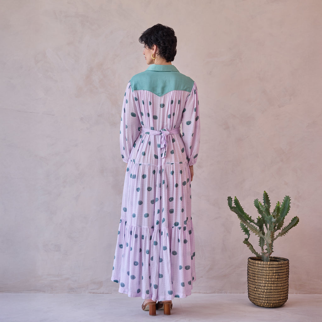 Lilac Dot Meadow at Kamakhyaa by Taro. This item is Artisan made, Dresses, Handblock Printed, Handwoven Chanderi Silk, Indie Bloom by Taro, Lilac, Relaxed Fit, Shirt Dresses, Under $50
