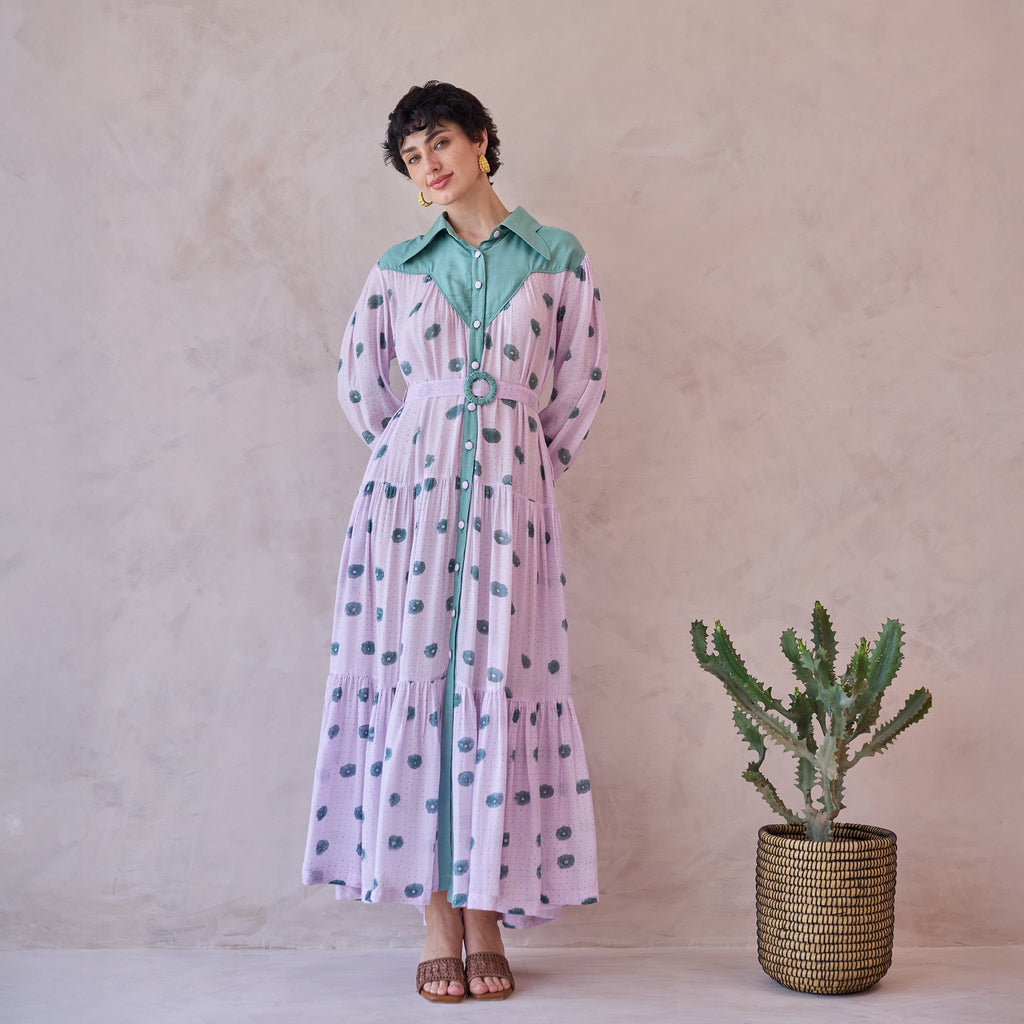 Lilac Dot Meadow at Kamakhyaa by Taro. This item is Artisan made, Dresses, Handblock Printed, Handwoven Chanderi Silk, Indie Bloom by Taro, Lilac, Relaxed Fit, Shirt Dresses, Under $50