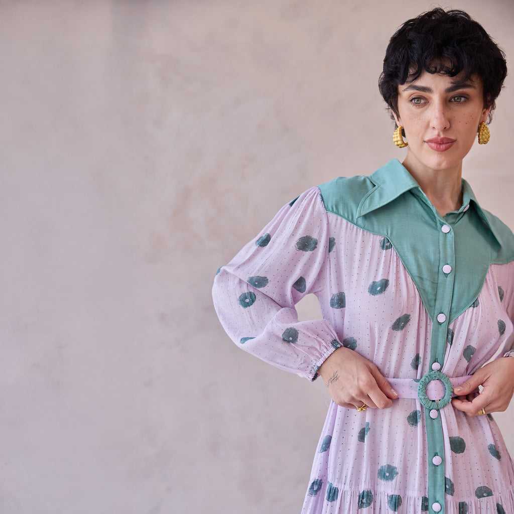 Lilac Dot Meadow at Kamakhyaa by Taro. This item is Artisan made, Dresses, Handblock Printed, Handwoven Chanderi Silk, Indie Bloom by Taro, Lilac, Relaxed Fit, Shirt Dresses, Under $50
