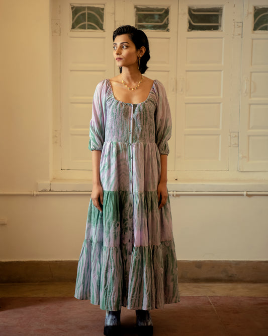 Lilac Teal dress at Kamakhyaa by The Loom Art. This item is Blue, Casual Wear, Handwoven Cotton Silk, July Sale, July Sale 2023, Lucid Dreams, Luicid Dream, Organic, Relaxed Fit, Solids, Tiered Dresses, Womenswear