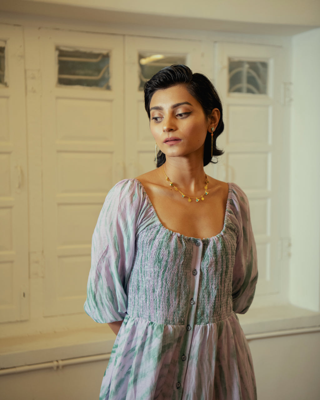 Lilac Teal dress at Kamakhyaa by The Loom Art. This item is Blue, Casual Wear, Handwoven Cotton Silk, July Sale, July Sale 2023, Lucid Dreams, Luicid Dream, Organic, Relaxed Fit, Solids, Tiered Dresses, Womenswear