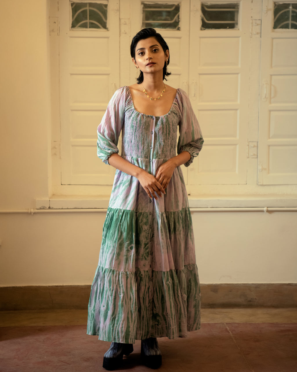 Lilac Teal dress at Kamakhyaa by The Loom Art. This item is Blue, Casual Wear, Handwoven Cotton Silk, July Sale, July Sale 2023, Lucid Dreams, Luicid Dream, Organic, Relaxed Fit, Solids, Tiered Dresses, Womenswear