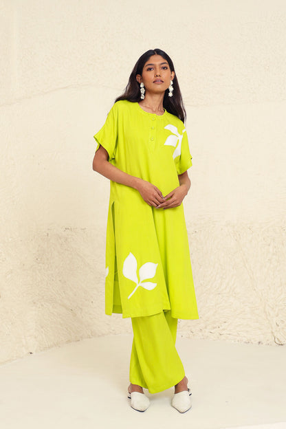 Lime Cotton Poplin Solid Co-ord Set at Kamakhyaa by Kanelle. This item is Cotton Poplin, Evening Wear, Floral, Green, Lime, Made from Natural Materials, One by One by Kanelle, Regular Fit, Vacation Co-ords