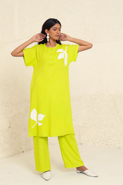 Lime Cotton Poplin Solid Co-ord Set at Kamakhyaa by Kanelle. This item is Cotton Poplin, Evening Wear, Floral, Green, Lime, Made from Natural Materials, One by One by Kanelle, Regular Fit, Vacation Co-ords