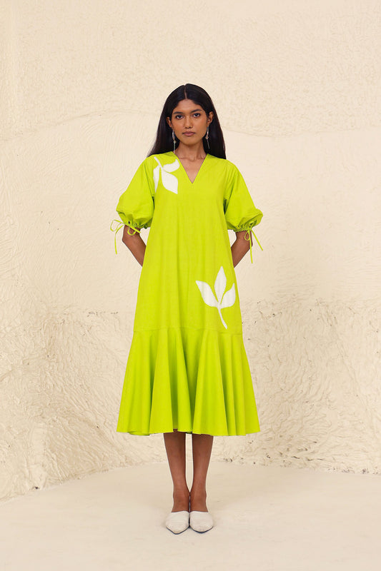 Lime Solid Midi Dress at Kamakhyaa by Kanelle. This item is Cotton Poplin, Evening Wear, Floral, Green, Lime, Made from Natural Materials, Midi Dresses, One by One by Kanelle, Regular Fit