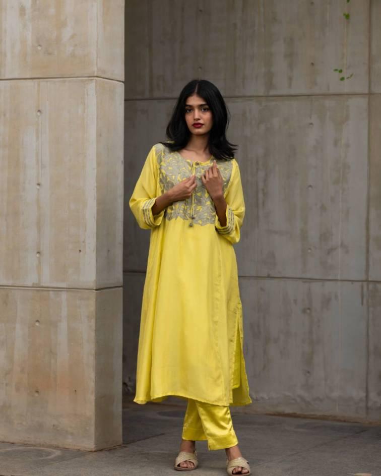 Lime Yellow Silk Kurta at Kamakhyaa by Araayeh. This item is Artisan Made, Evening Wear, Habutai Silk, Kurtas, Relaxed Fit, Solids, Yellow