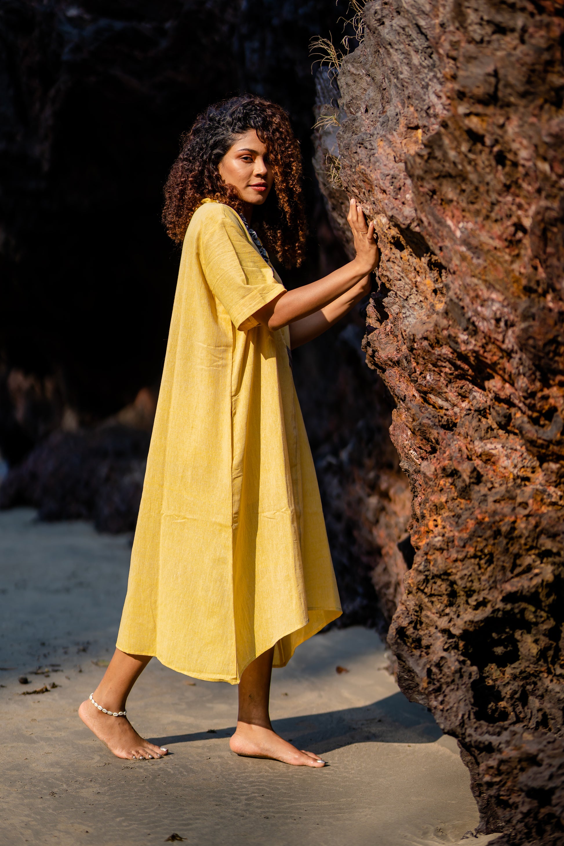 Lime Yellow V-Neck Cotton Midi Dress at Kamakhyaa by Krushnachuda. This item is Handloom Cotton, Midi Dresses, Natural Dye, Organic, Relaxed Fit, Resort Wear, Solids, Yellow