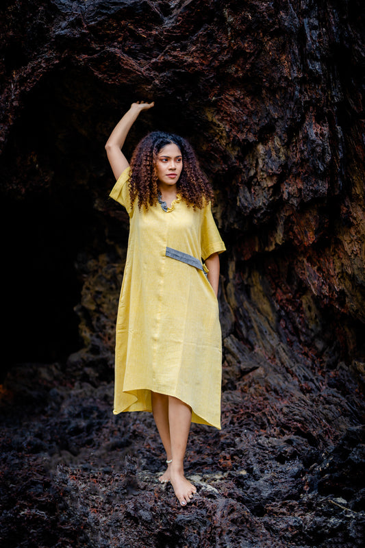 Lime Yellow V-Neck Cotton Midi Dress at Kamakhyaa by Krushnachuda. This item is Handloom Cotton, Midi Dresses, Natural Dye, Organic, Relaxed Fit, Resort Wear, Solids, Yellow