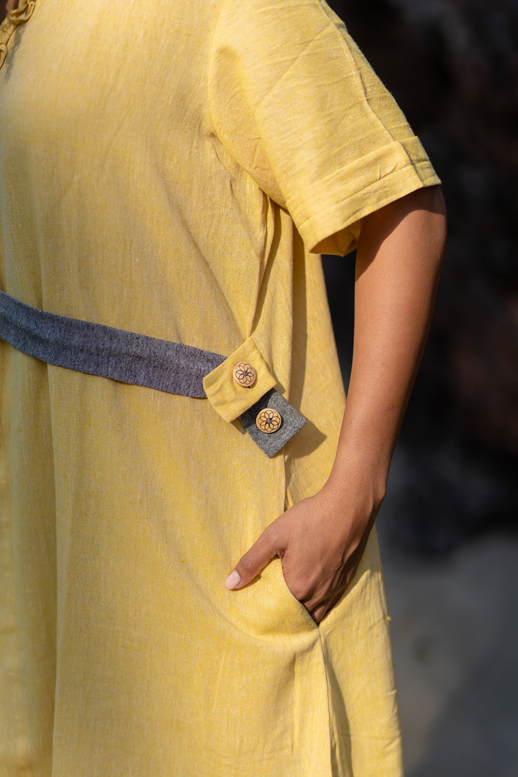 Lime Yellow V-Neck Cotton Midi Dress at Kamakhyaa by Krushnachuda. This item is Handloom Cotton, Midi Dresses, Natural Dye, Organic, Relaxed Fit, Resort Wear, Solids, Yellow