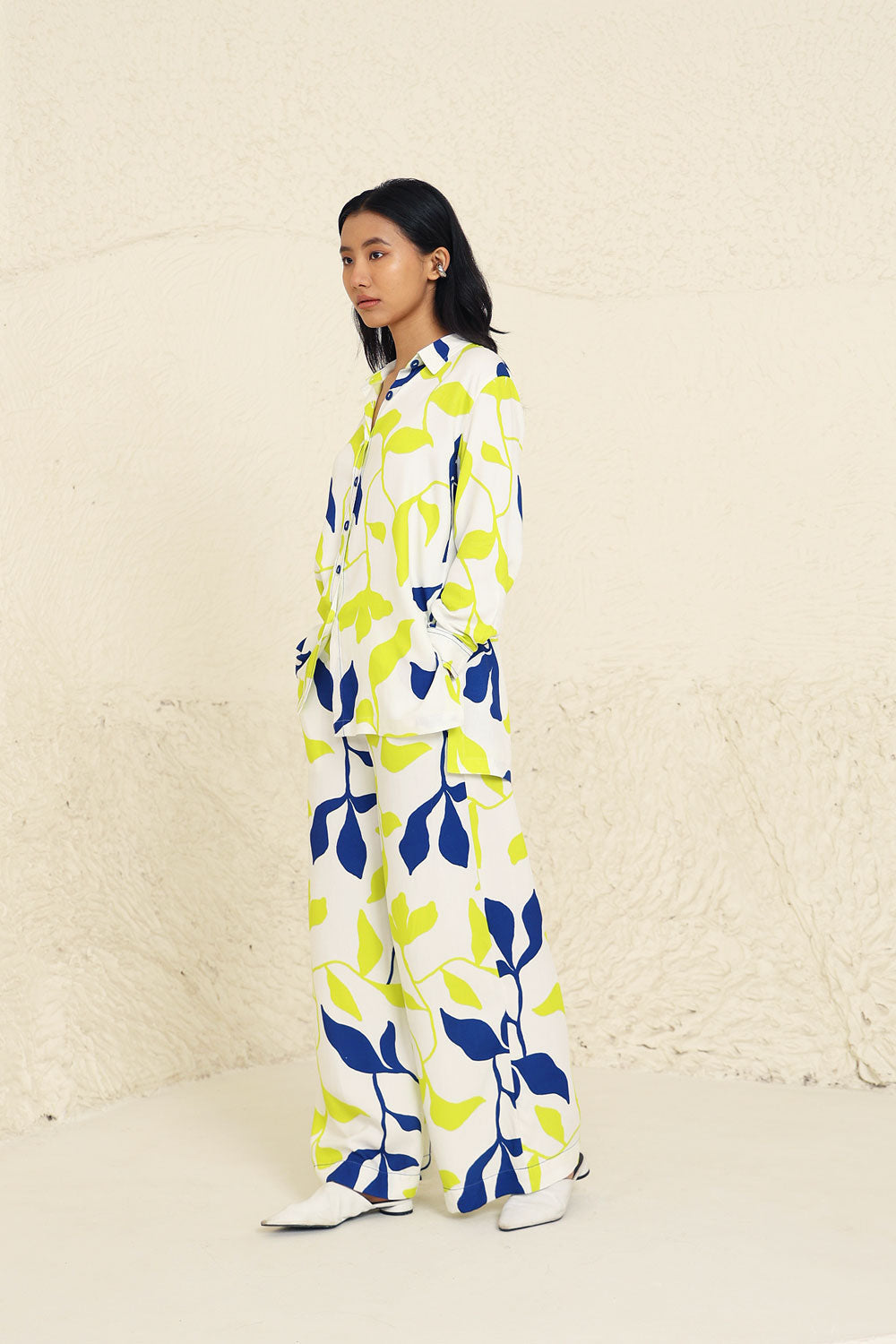 Lime and Blue Leaf Print Co-ord Set at Kamakhyaa by Kanelle. This item is Blue, Evening Wear, Leafy Pattern, Lime, Made from Natural Materials, Multicolor, One by One by Kanelle, Regular Fit, Tencel Twill, Vacation Co-ords