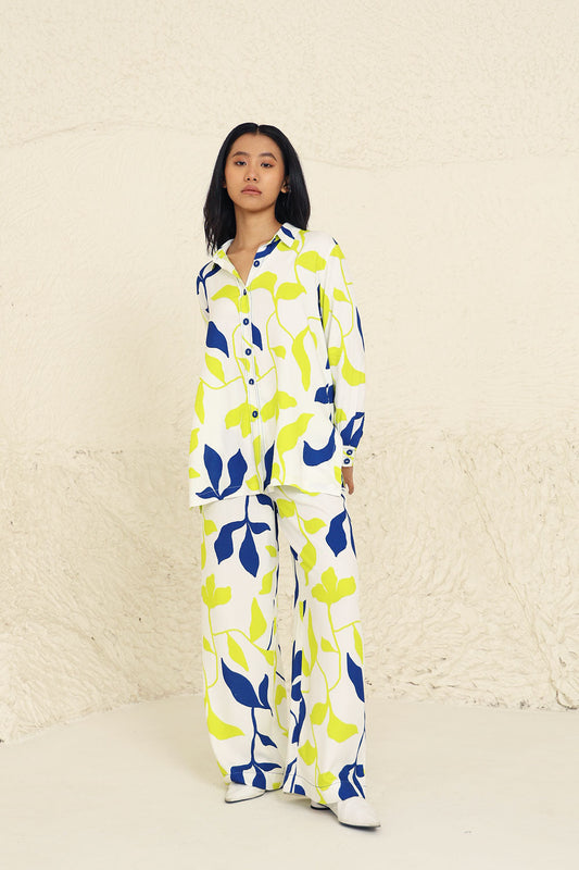 Lime and Blue Leaf Print Co-ord Set at Kamakhyaa by Kanelle. This item is Blue, Evening Wear, Leafy Pattern, Lime, Made from Natural Materials, Multicolor, One by One by Kanelle, Regular Fit, Tencel Twill, Vacation Co-ords