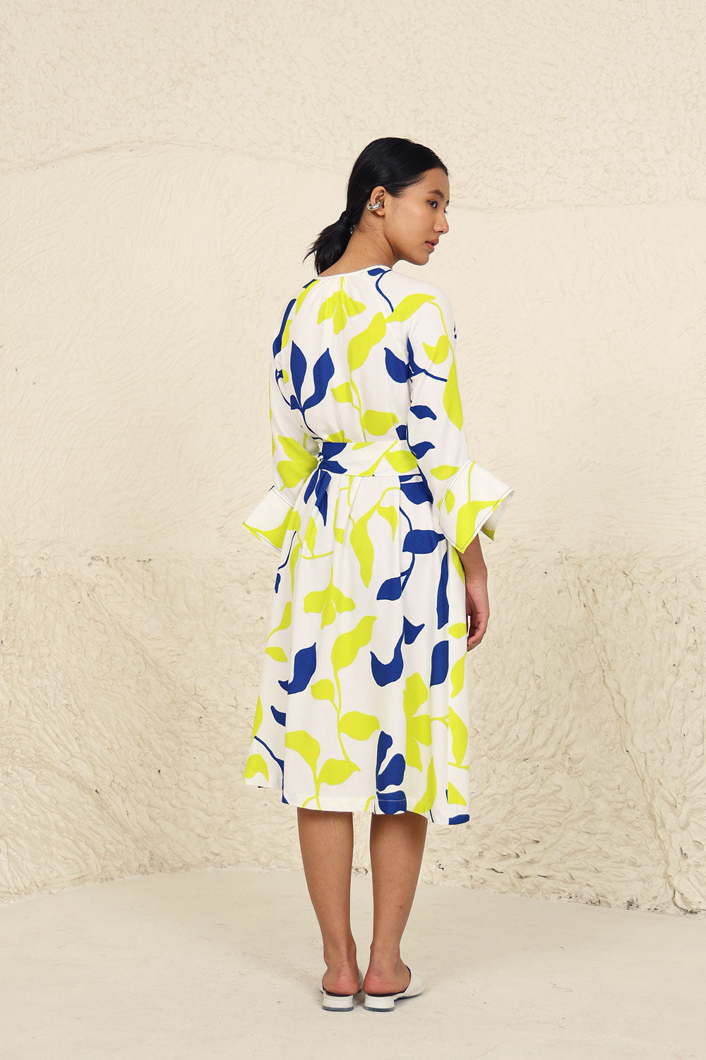 Lime and Blue Leaf Print Dress at Kamakhyaa by Kanelle. This item is Blue, Evening Wear, Leafy Pattern, Lime, Made from Natural Materials, Midi Dresses, Multicolor, One by One by Kanelle, Regular Fit, Tencel Twill