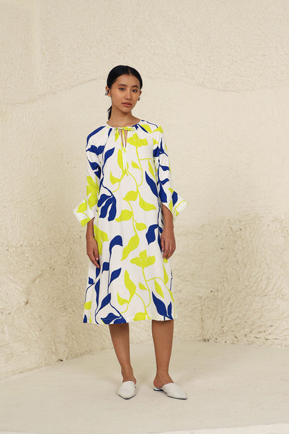 Lime and Blue Leaf Print Dress at Kamakhyaa by Kanelle. This item is Blue, Evening Wear, Leafy Pattern, Lime, Made from Natural Materials, Midi Dresses, Multicolor, One by One by Kanelle, Regular Fit, Tencel Twill