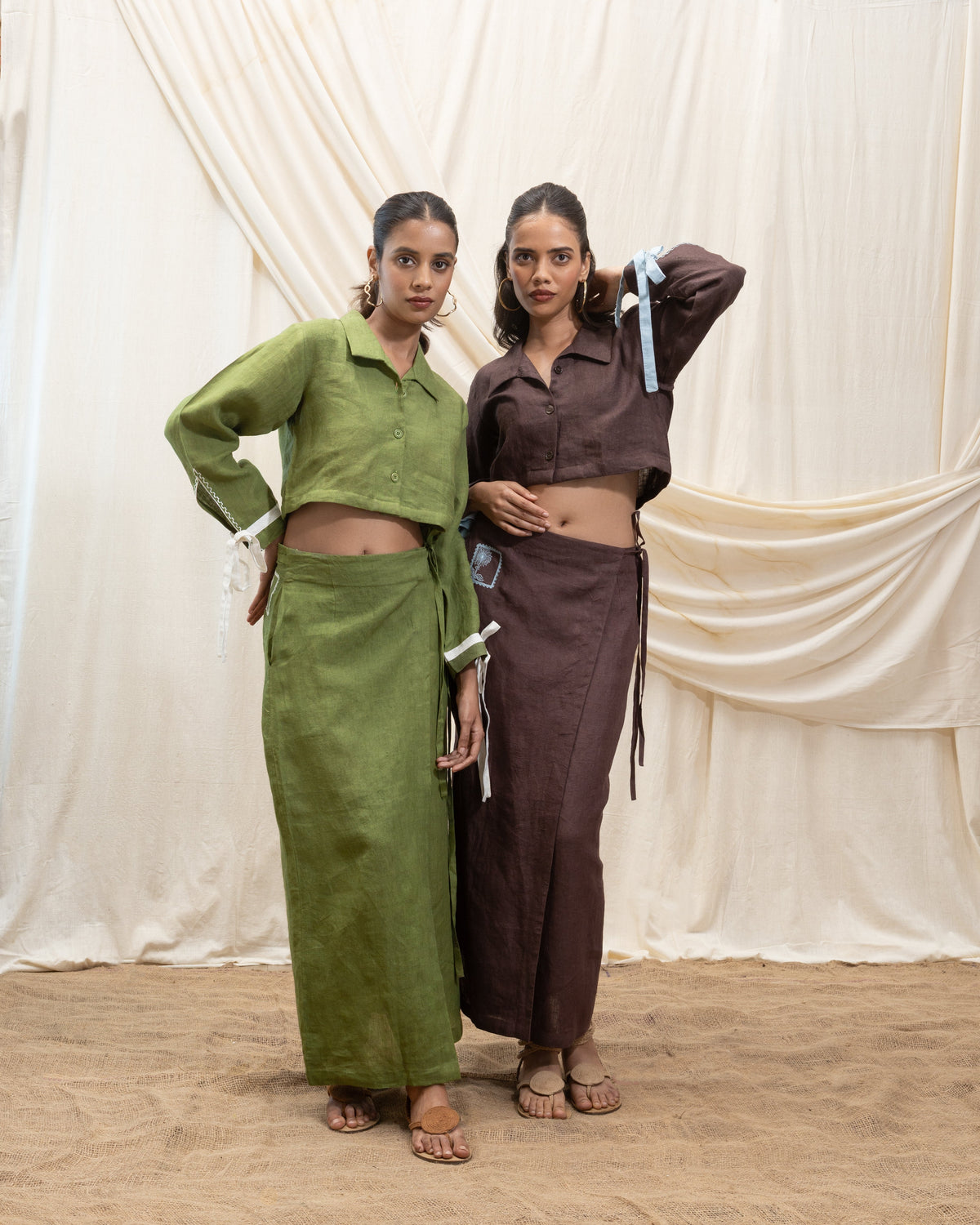 Linen cropped shirt and wrap skirt set at kamakhyaa.com by Akashi Clothing. This item is 100% Linen, Regular Fit, Solid Selfmade, Solids, The Stamp Edit By Akashi Clothing