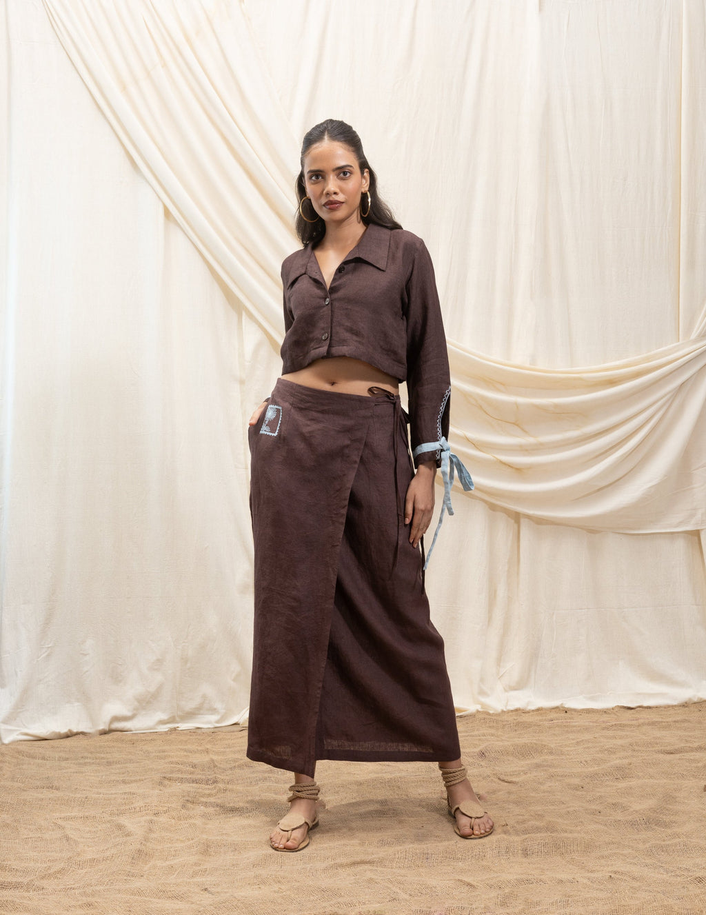 Linen cropped shirt and wrap skirt set at kamakhyaa.com by Akashi Clothing. This item is 100% Linen, Regular Fit, Solid Selfmade, Solids, The Stamp Edit By Akashi Clothing