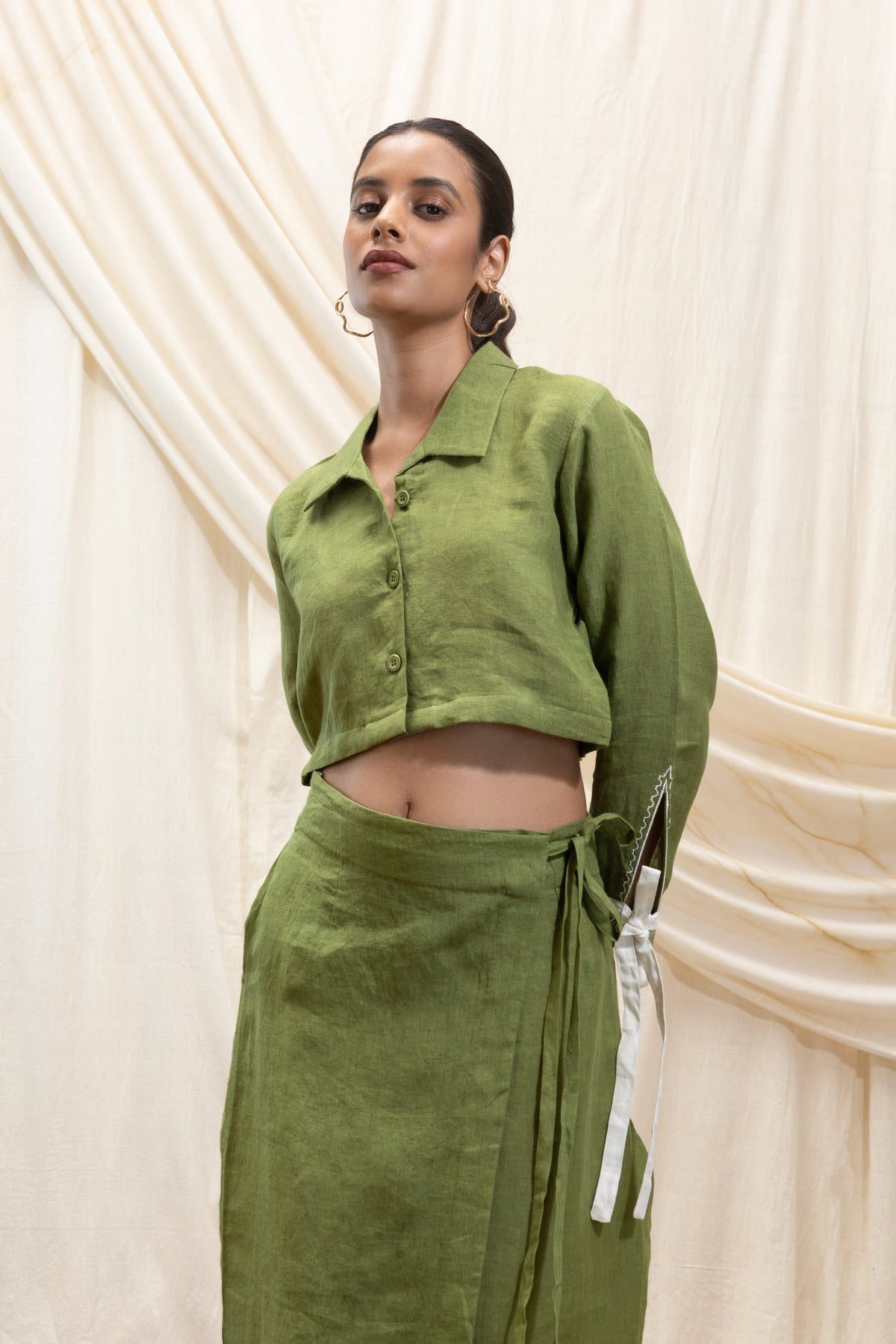 Linen cropped shirt and wrap skirt set at kamakhyaa.com by Akashi Clothing. This item is 100% Linen, Regular Fit, Solid Selfmade, Solids, The Stamp Edit By Akashi Clothing